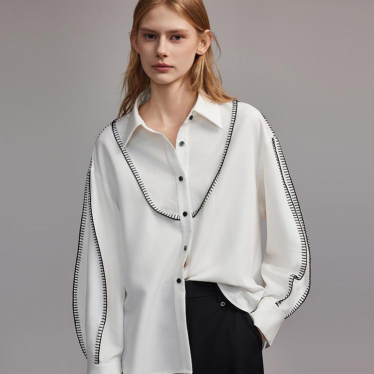 ELLE Minimalist Long Sleeve Shirt With Sharp Collar And Drop Shoulder Design Women tops White EC47006