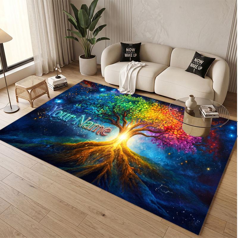 Tree of Life Theme Soft Crystal Velvet Rug Custom Name & Text Print Non Slip Floor Rug for Bedroom Living Room
