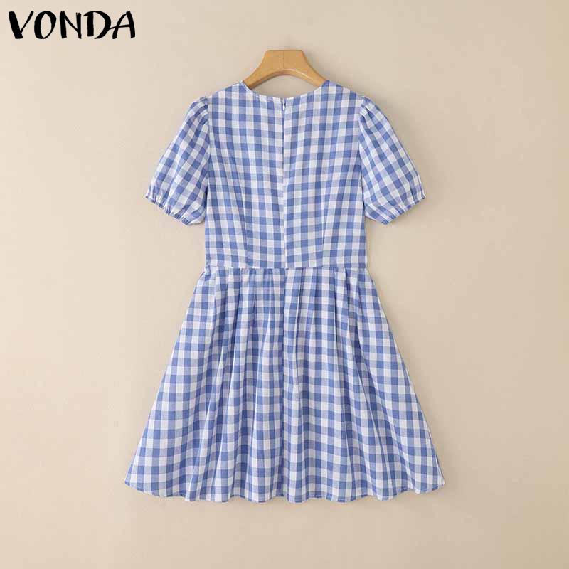 VONDA Women Patchwork Lace V Neck Puff Sleeve Plaid Print Casual Ruffled Dress