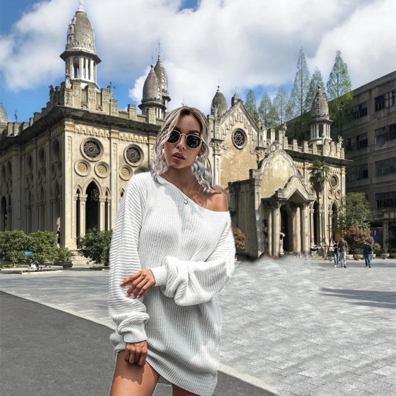 Damen Schulterfreies Strickkleid mit Laternenärmeln, Herbst/Winter 2020 Kollektion - Europäischer und Amerikanischer Lässiger Stil