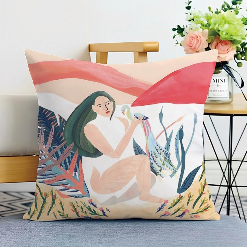 Illustration Style Printed Decorative Pillowcase Bedroom Living Room Square Cushion Pillowcase