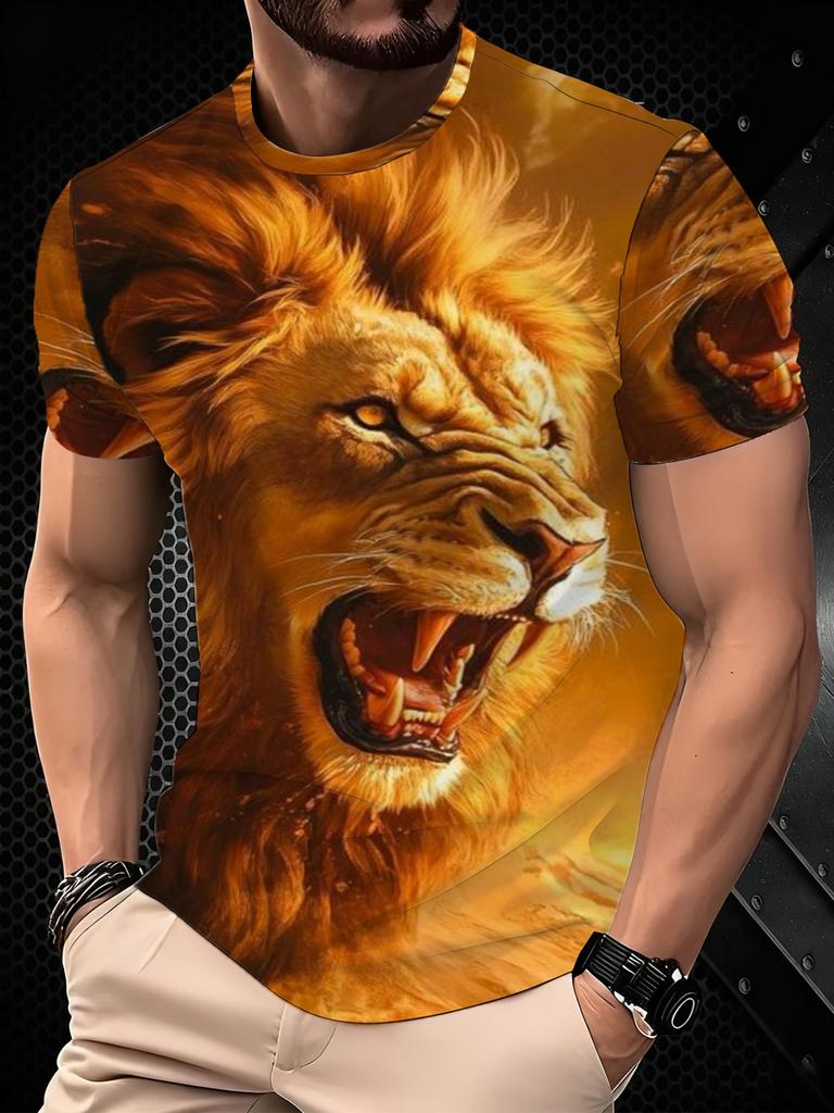 Men'S Lion Print Short Sleeve T-Shirt - Polyester Fiber Breathable Comfortable, Trendy Design Men'S Fashion Casual Round Neck Print T-Shirt, 3D