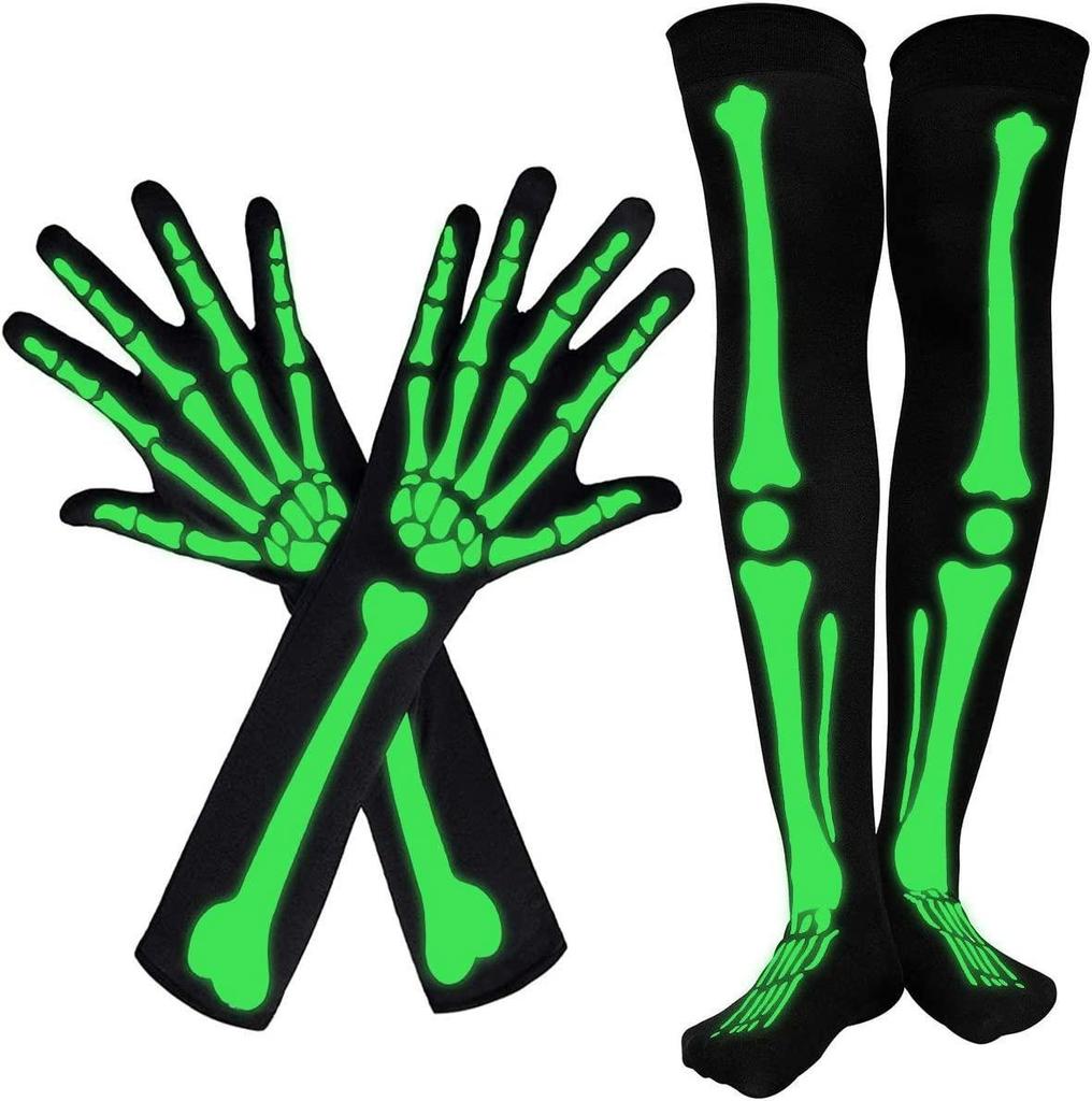 Geisterfest Skelett Kostüm Zubehör Skelett-Print Kniehohe Socken Und Lange Handschuhe Leuchtendes Muster Halloween Set