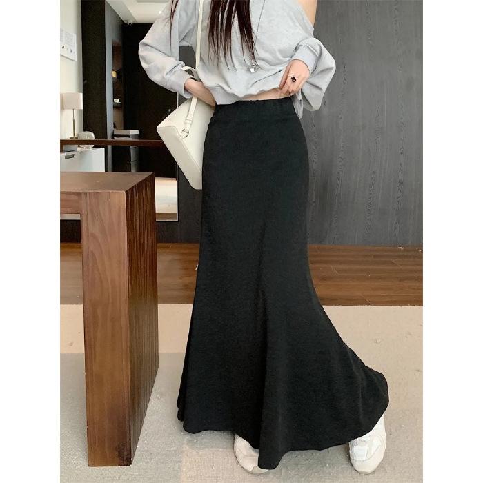 Lazy Gray Elastic High Waist Spring and Summer Simple Drape New Fishtail Skirt Casual Slim Skirt Long Skirt