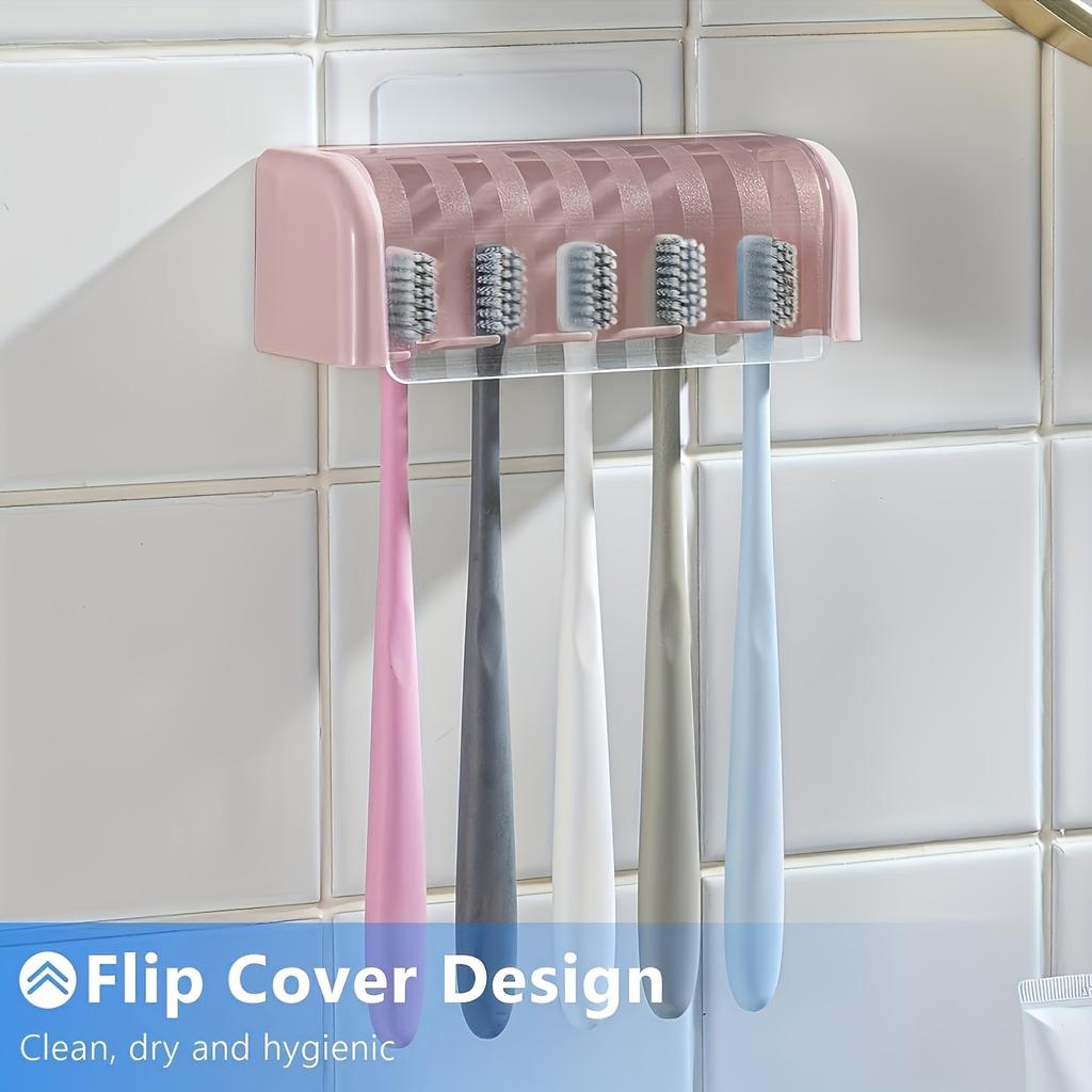 5-Slot Toothbrush Holder with Lid, Self-adhesive Wall Toothbrush Storage Rack, Suitable for Dormitories and Showers, (Excluding Toothbrush)