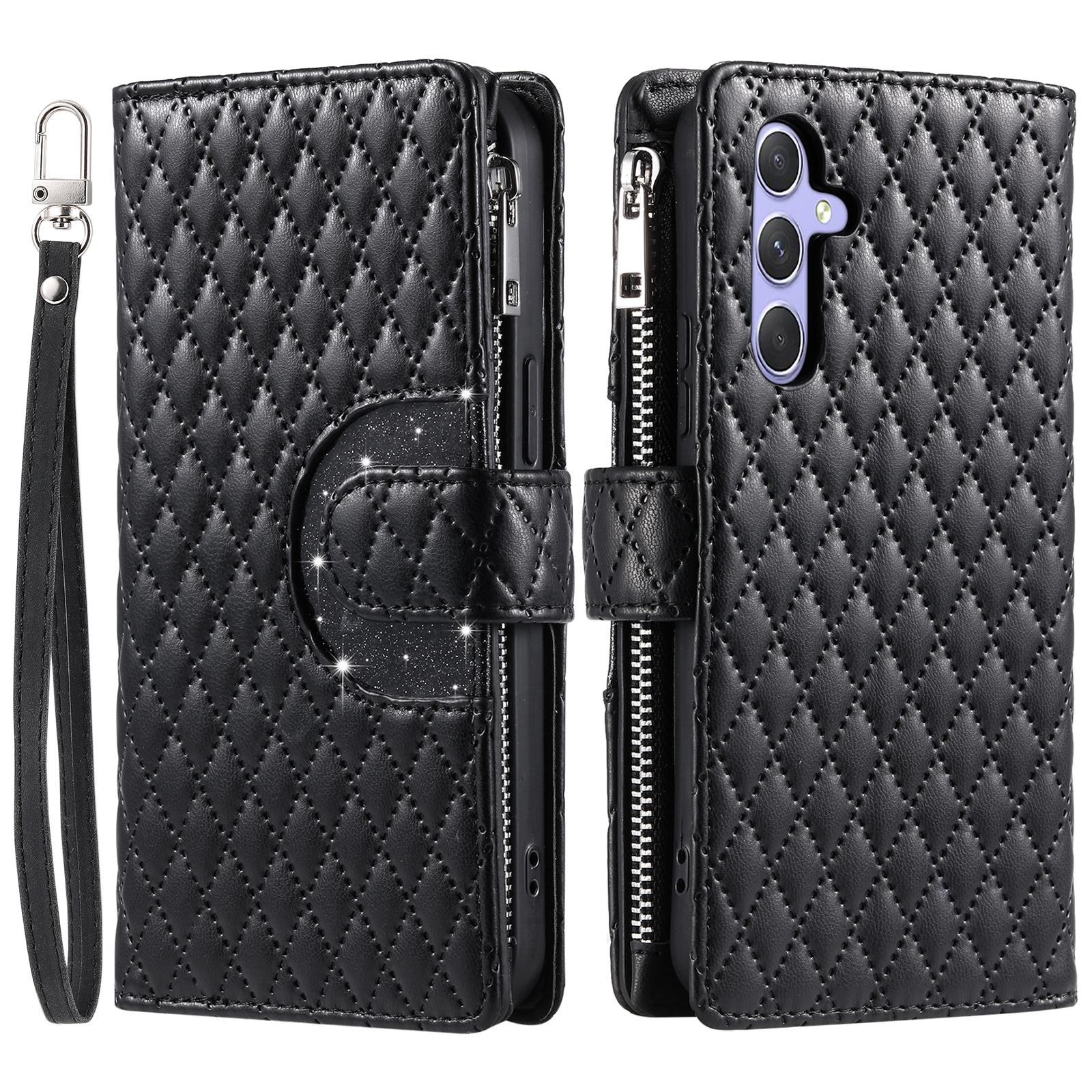

For Samsung Galaxy A17 Case Zipper Pocket Glitter Leather Phone Cover with Wrist Strap Black