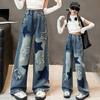 Jeans Larghi Casual con Design a Stelle per Ragazze Adolescenti Bambini Scolareschi per Primavera/Autunno Vita Elastica Pantaloni Dritti alla Moda per Bambini