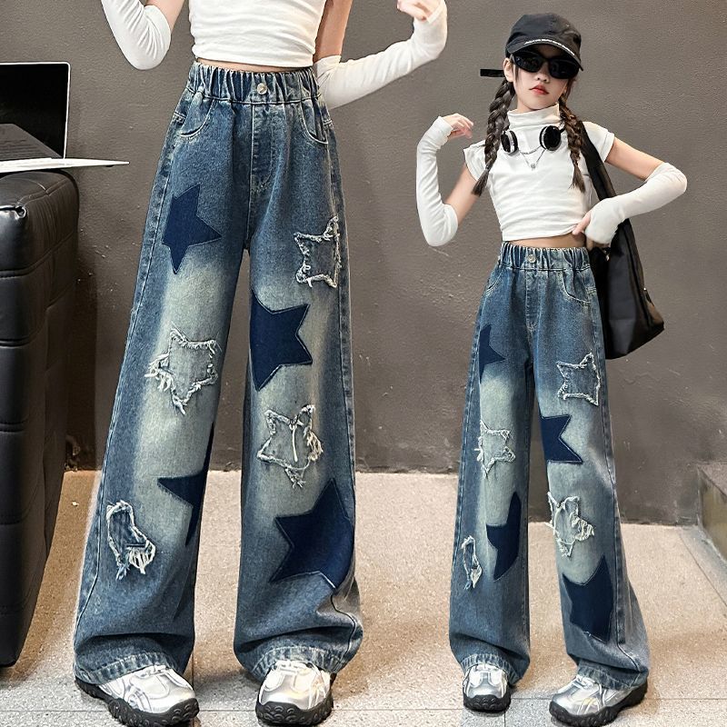Jeans Larghi Casual con Design a Stelle per Ragazze Adolescenti Bambini Scolareschi per Primavera/Autunno Vita Elastica Pantaloni Dritti alla Moda per Bambini