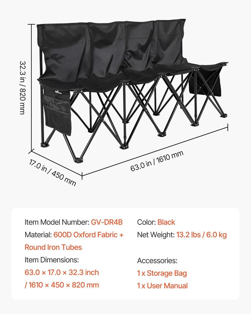 Portable Folding Bench, 4 Seat Foldable Soccer Bench with Side Pockets and Carrying Bag, Lightweight Sideline Seating with Back Rest for Football,