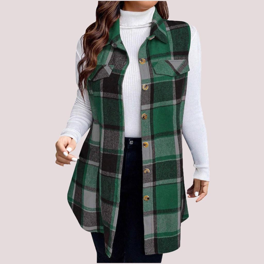 Giacca Gilet Senza Maniche da Donna Taglie Forti Moda Plaid Spazzolato con Colletto Lunghezza Media