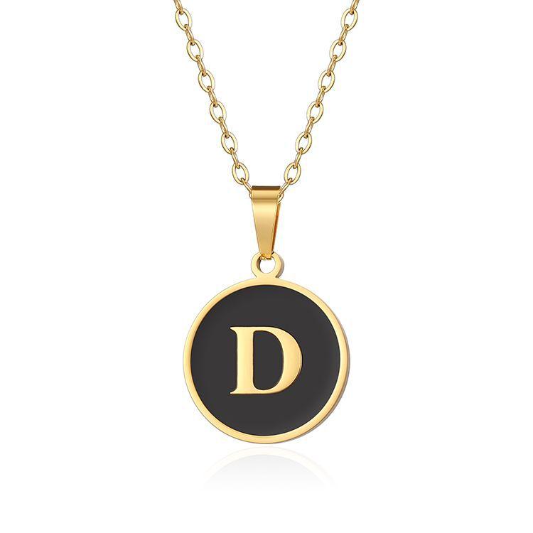 English letter oiled necklace, European and American trend titanium steel chain, round gold letter pendant collarbone chain