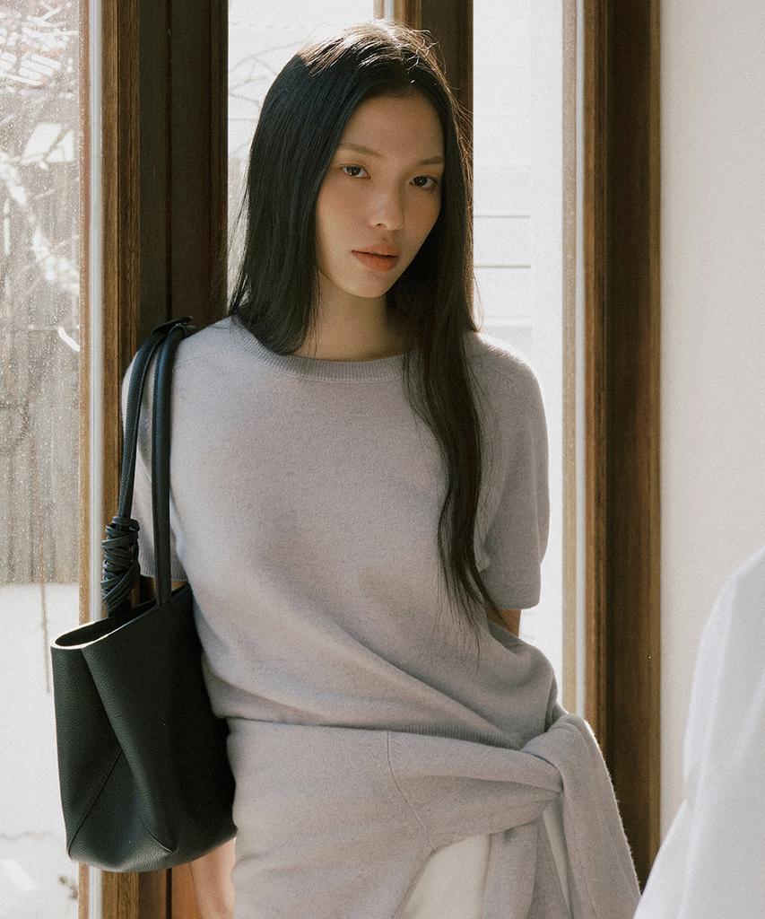 Lingseoul Wool Round Neck Half Sleeve Knit Top-Sky Blue