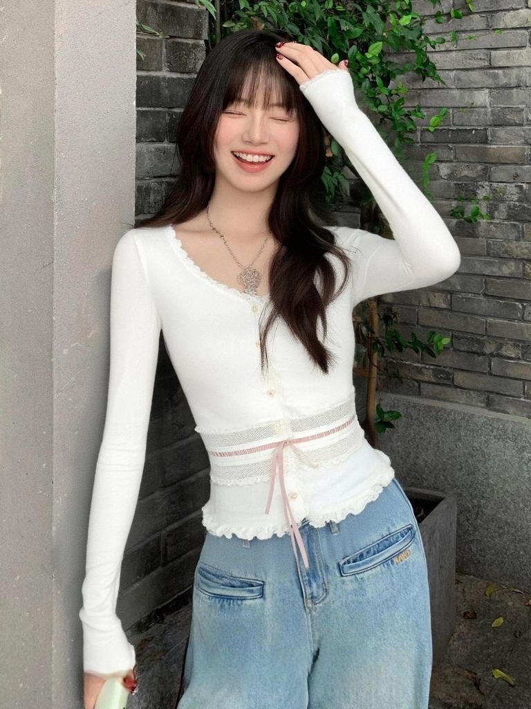 Korean Sweet Lace U-neck Slimming Waist-cinched Lace-up Versatile Top