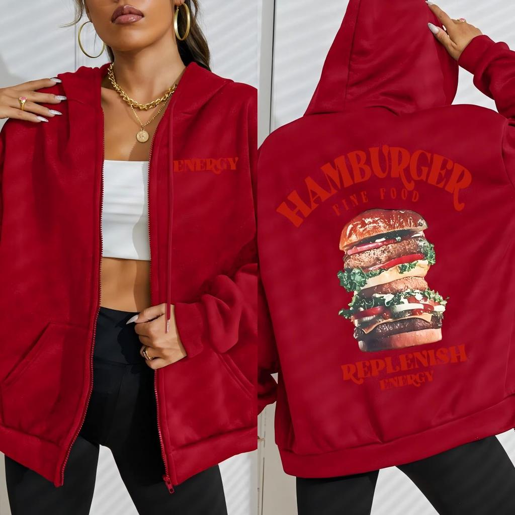 Hamburger Fine Food Replenish Energy Pattern Zipper Hoodies Women Autumn Streetwear Fleece Hoody Casual Oversize Top