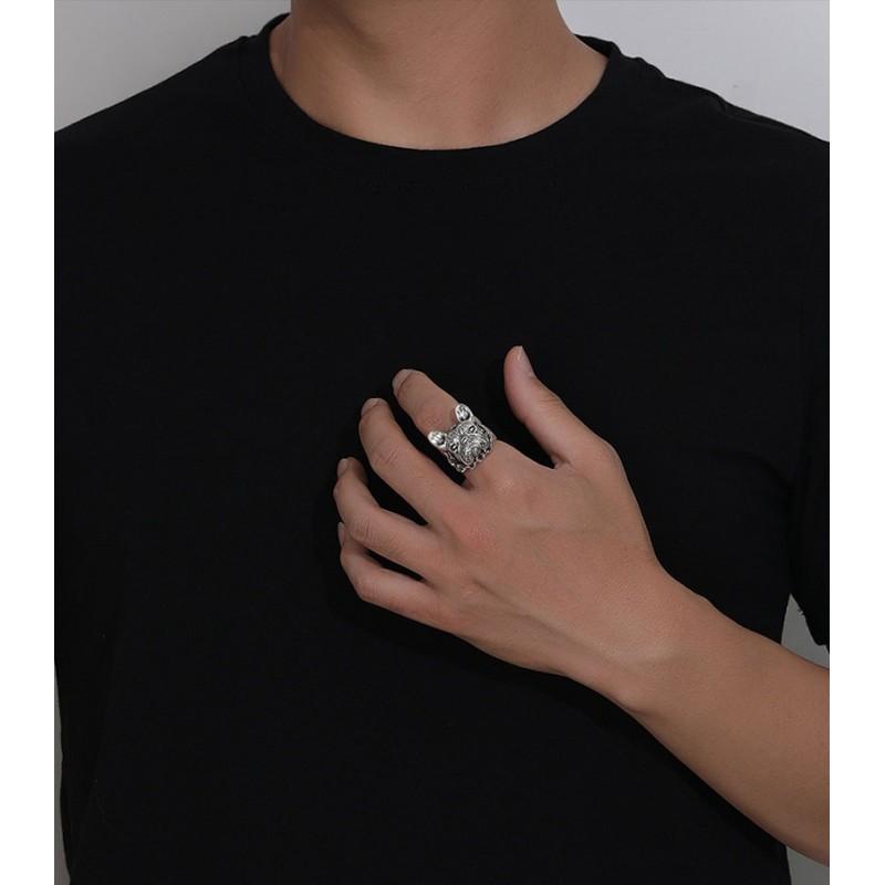 Adjustable Open Ring Men Women Sterling Retro Vintage Dog Head Geometric Statement