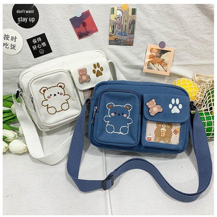 Japanese Soft Girl Canvas Crossbody Bag with Embroidered Bear - Vintage Style Student Bag