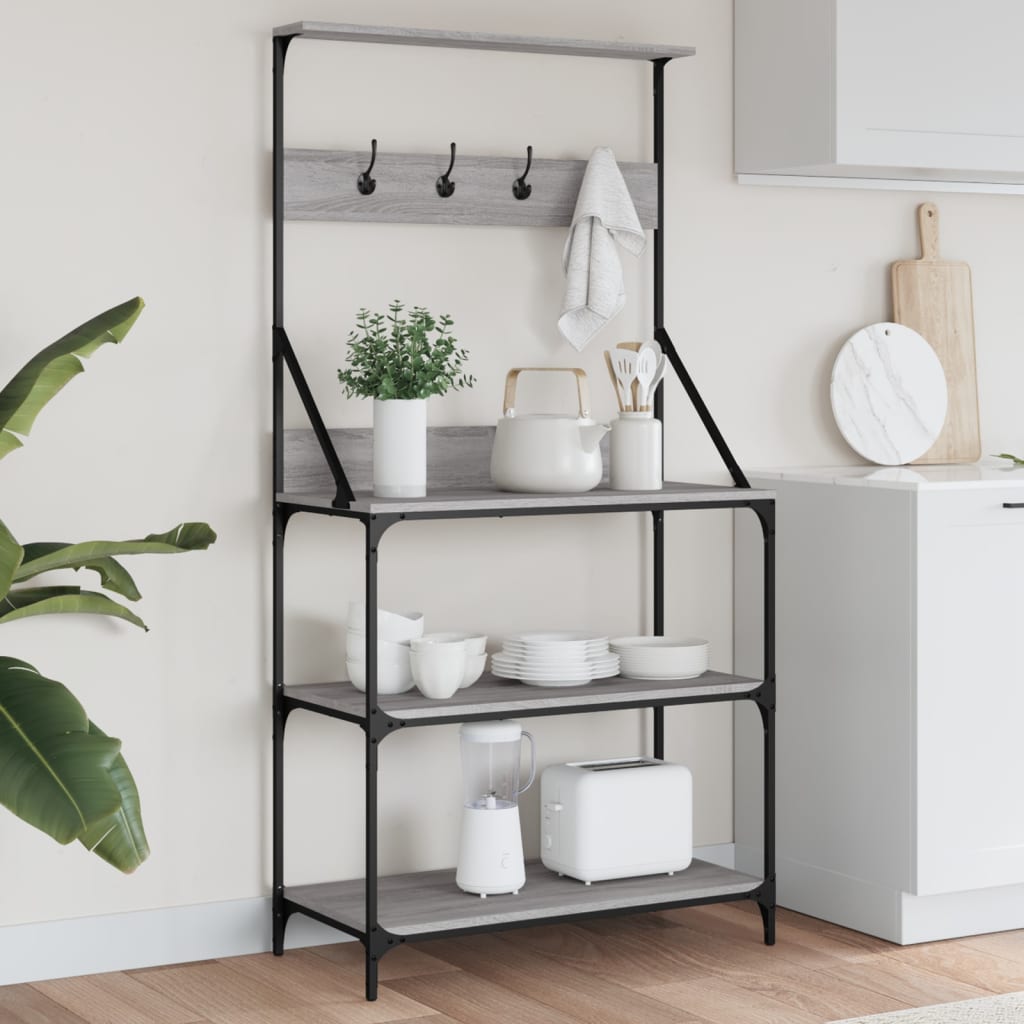 Vidaxl Kitchen Shelf with Hooks, 4-Tier, Grey Sonoma Oak