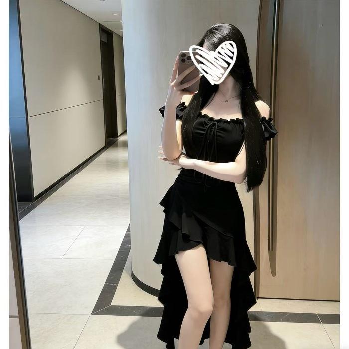 Black irregular dress women's ruffle edge 2026 summer new one-word shoulder sexy skirt women's waist
