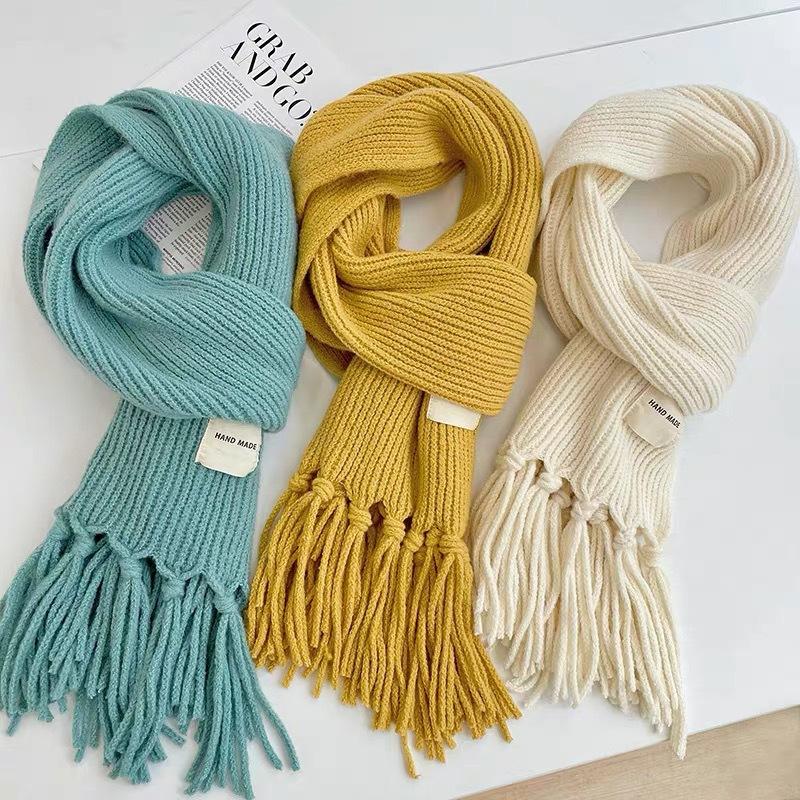 Scarf female winter student Korean version versatile new knitted couple thickened warm wool men's solid color fringed scarf