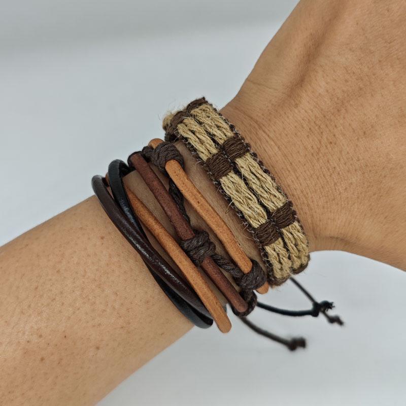 Minimalist Handmade Hemp Rope and Leather Bracelet Set: Unisex Retro Star Design