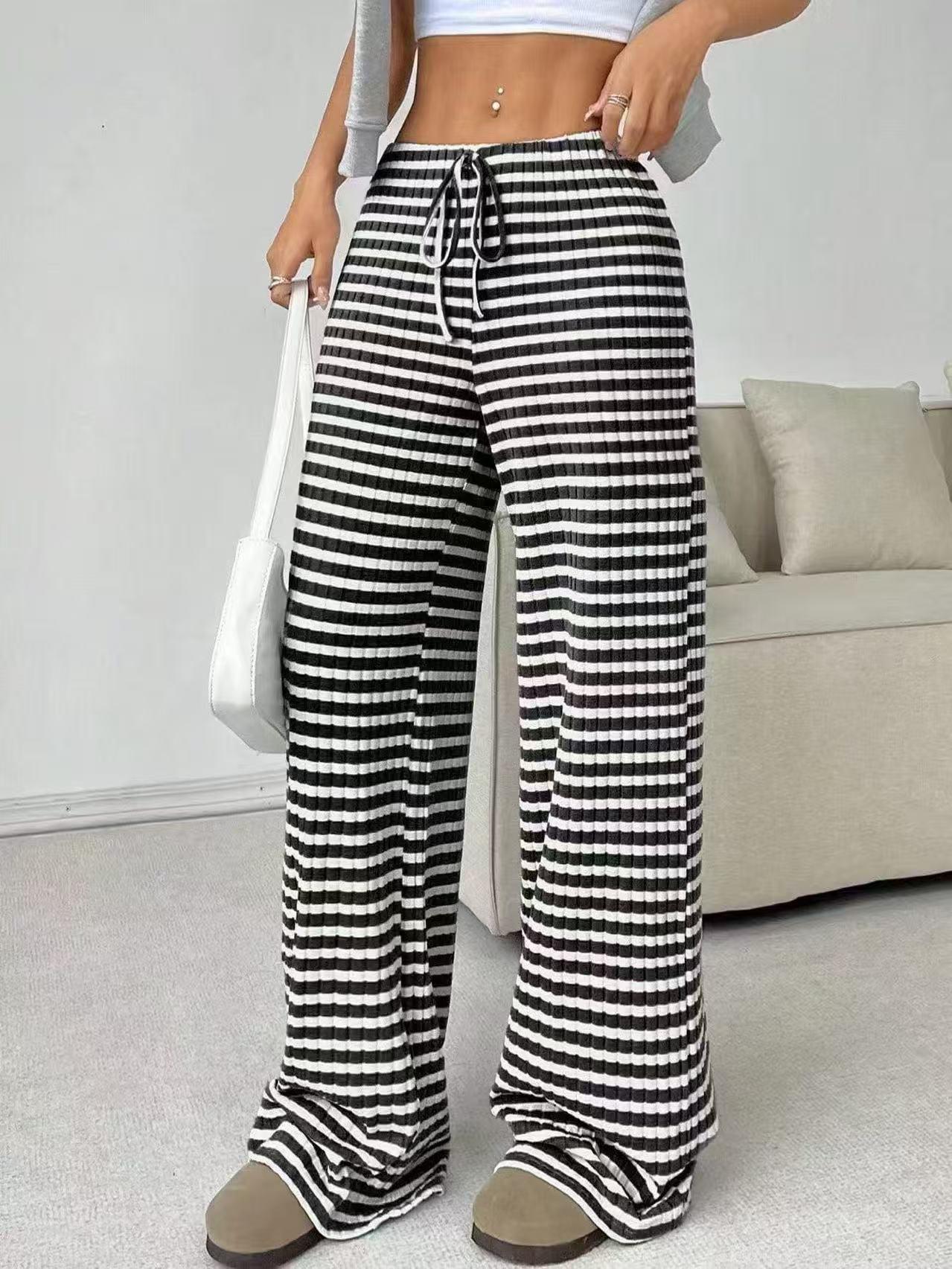 2026 Autumn/Winter Women s Casual Striped Drawstring Cotton Pants S чёрный