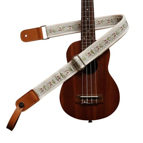 MUSIC FIRST Original Design Vintage Floral Embroidered Genuine Leather Ukulele Strap, Ukulele Shoulder Strap with Genuine Leather Strap Locker
