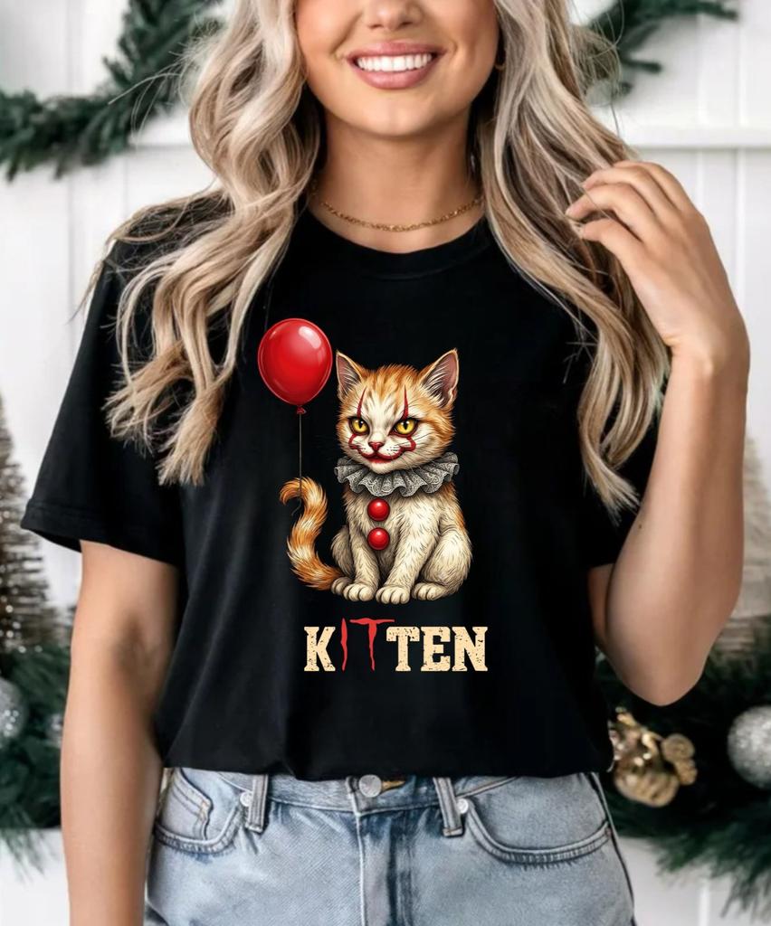 Funny Halloween Horror Cat T-Shirt - Kitten Pennywise Parody Red Balloon Tee