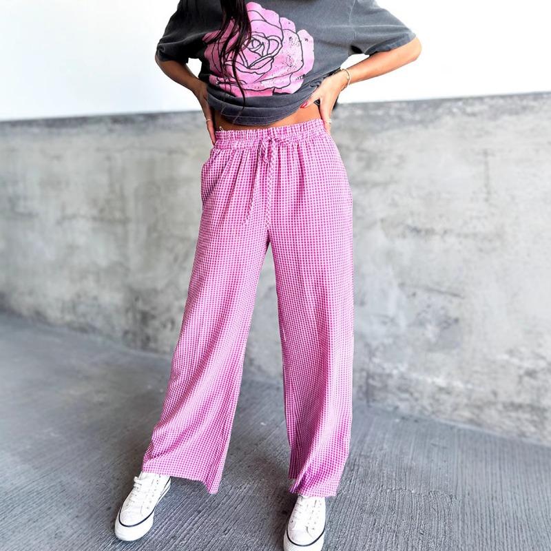 Dámská móda Ležérní kostkovaný potisk Kalhoty s vysokým pasem Kalhoty a Capri