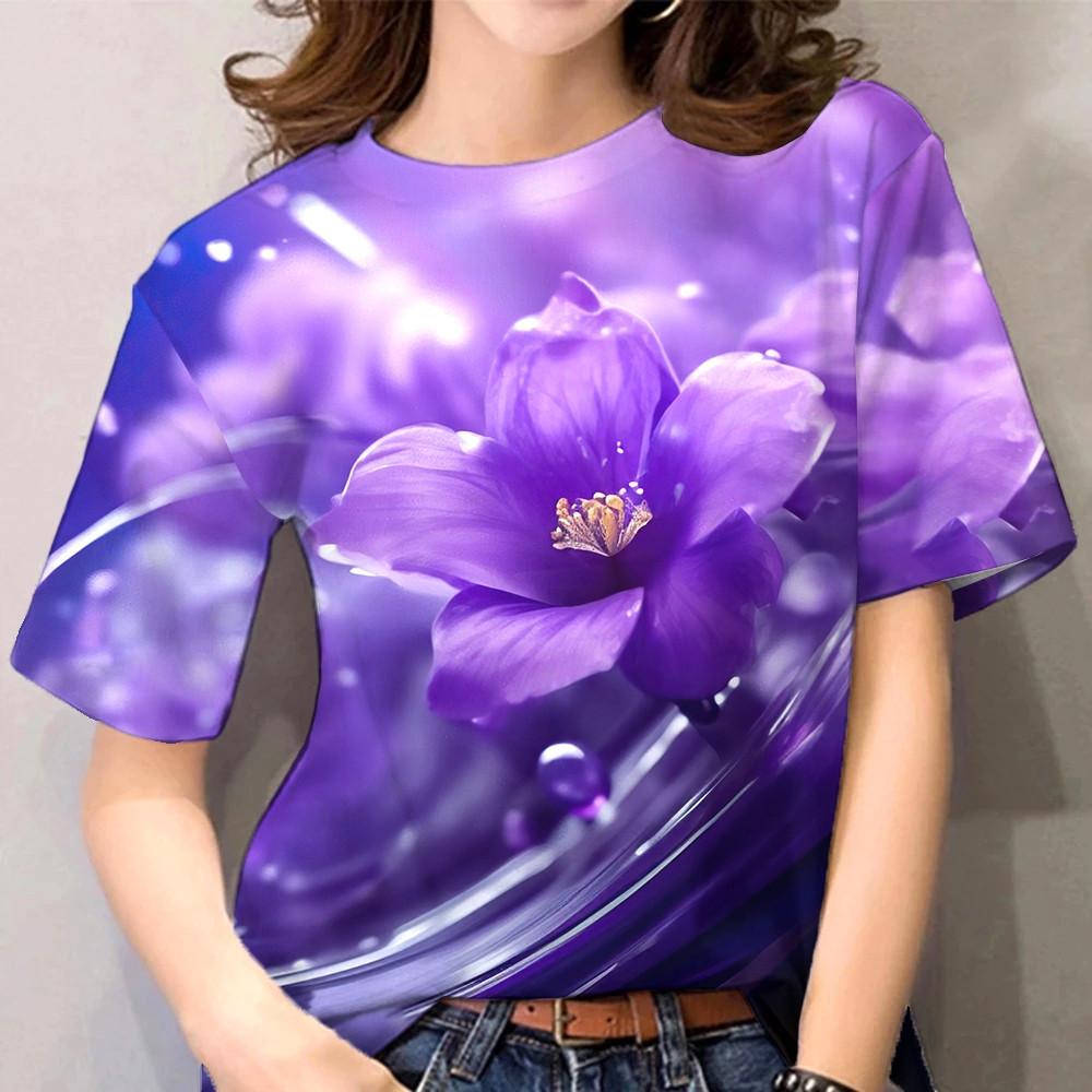 Women's summer 3D floral T-shirt with purple floral print casual short sleeved T-shirt