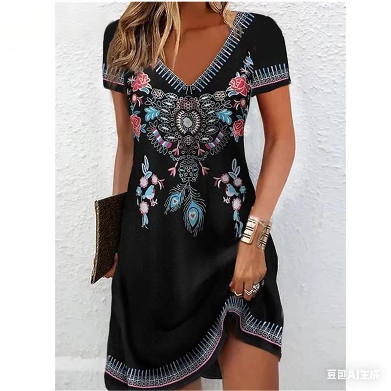 Zomerse Bloemen Damesjurk Mode Casual Boho Strand Zomerjurk Korte Mouw V-hals Sexy 3D Print Losse A-lijn Jurk Femme Vestidos