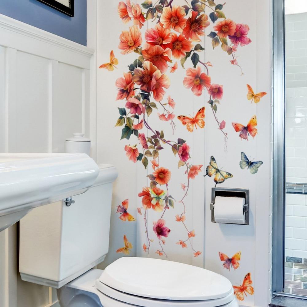 New Red Flower Wall Sticker Vine Design Waterproof Wall Decals Butterfly Pattern Self-Adhesive Wall Art Home Decor