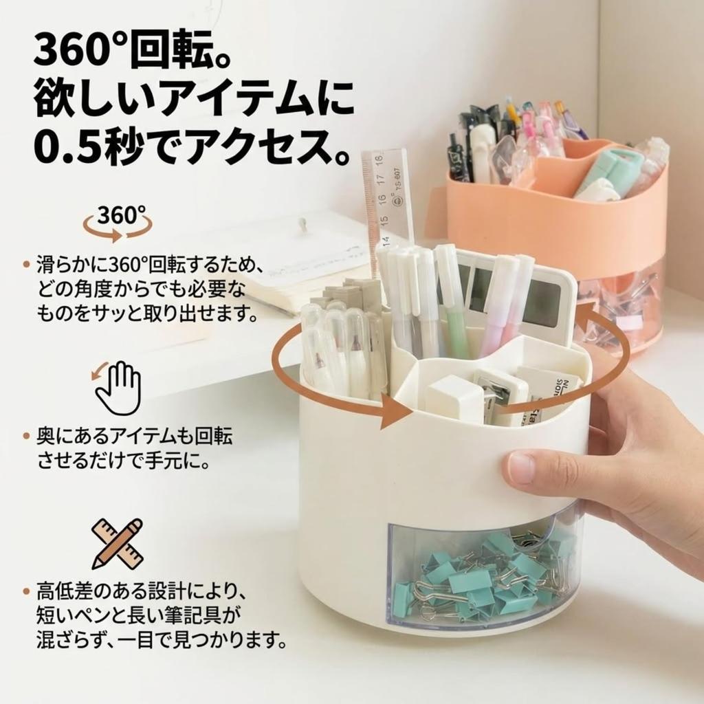 AQUALOACH Pen Rotating Desktop Pen Desk Organizer with 5 Large for Makeup Stylish Storage Box Holder, 360-Degree Storage, Stand, Drawer, Compartments,