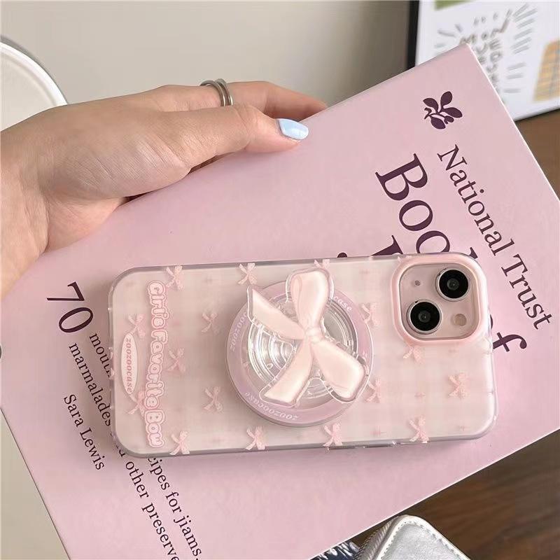 Magnetic pink bow phone case with holder For iPhone 11 12 13 14 15 16 17 Pro max