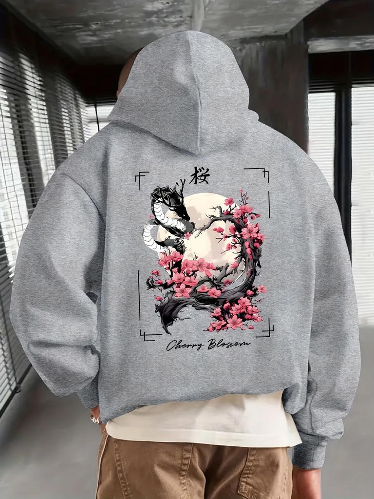 Felpa con cappuccio vintage da uomo Autunno Drago giapponese tradizionale Telaio Luna Fiori di ciliegio Stampa posteriore Larga Streetwear asiatico Felpa con cappuccio