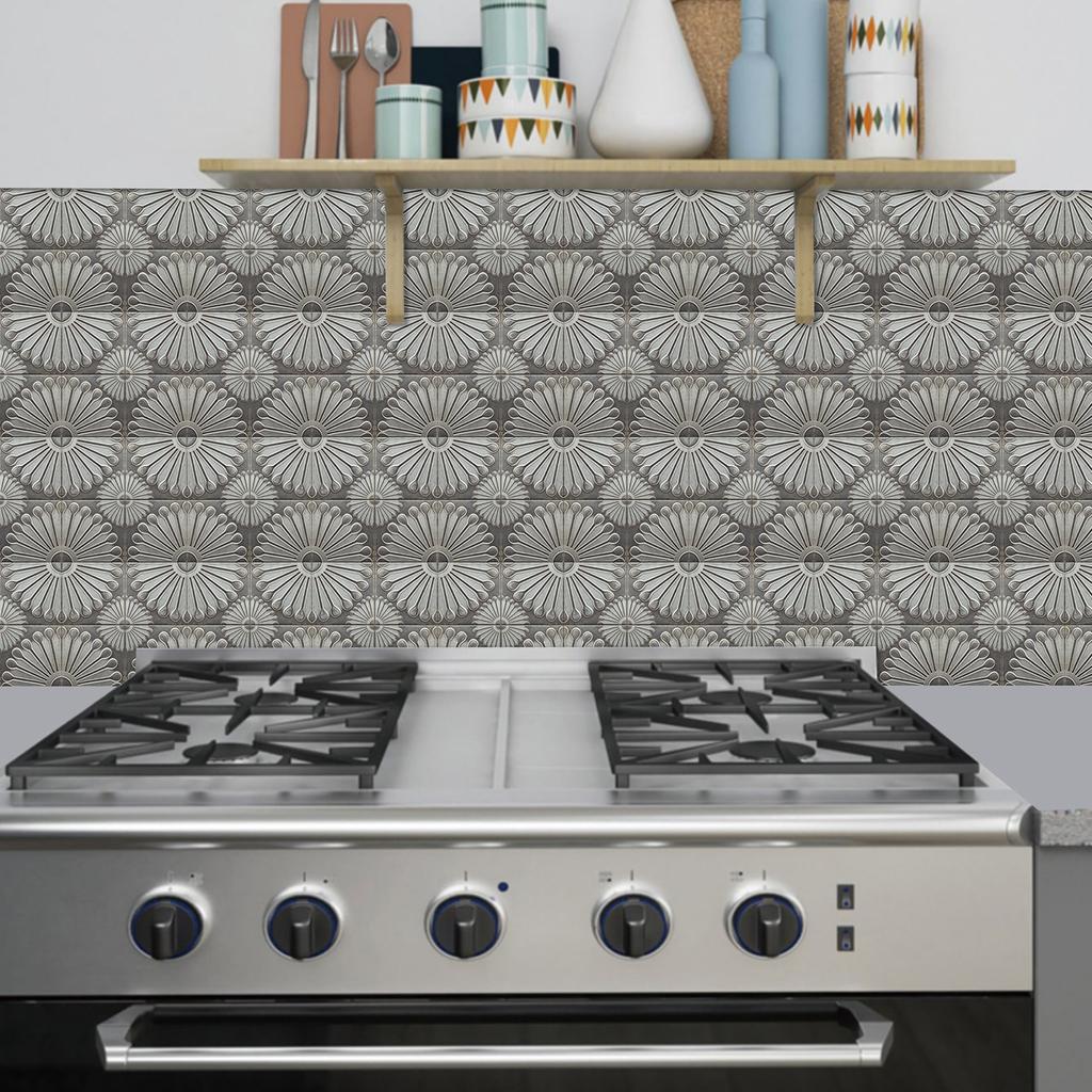 10Pcs French Vintage Dark Grey Tile Stickers Faux 3D Sunflower Texture Wall Decals Waterproof Anti-Slip Backsplash Wallpaper for Kitchen Bathroom