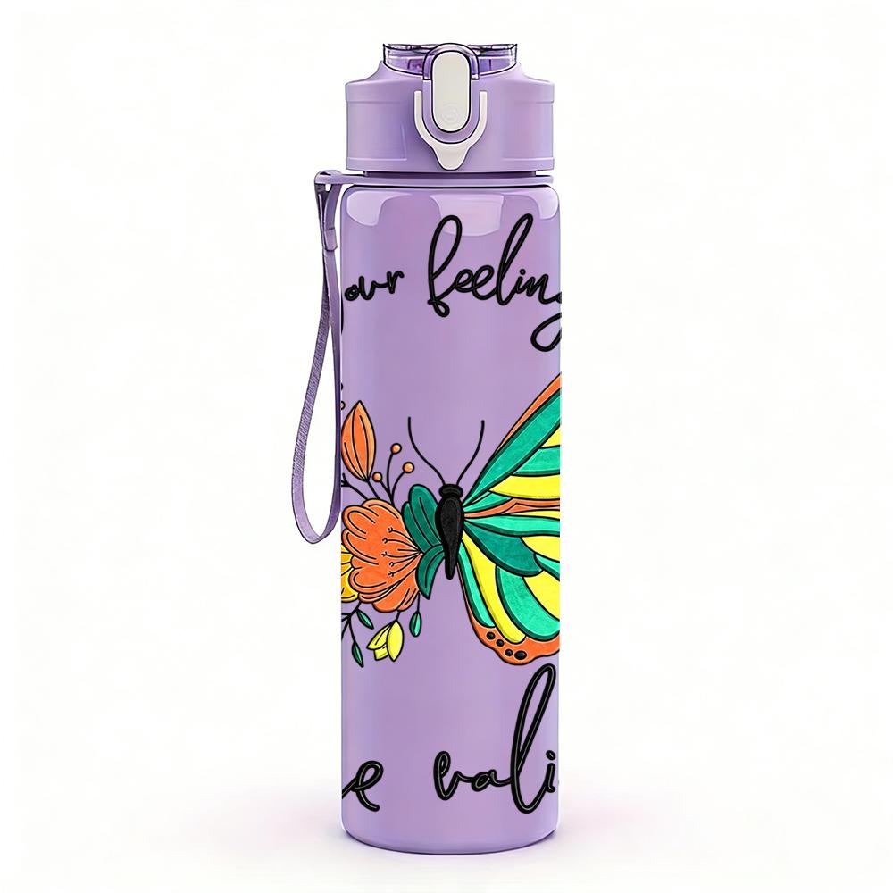 1PC Teal Butterfly Floral Quote 750ml Color Plastic Sports Water Bottle Leakproof Flip Straw Lid Suitable for Sports Office Home Use