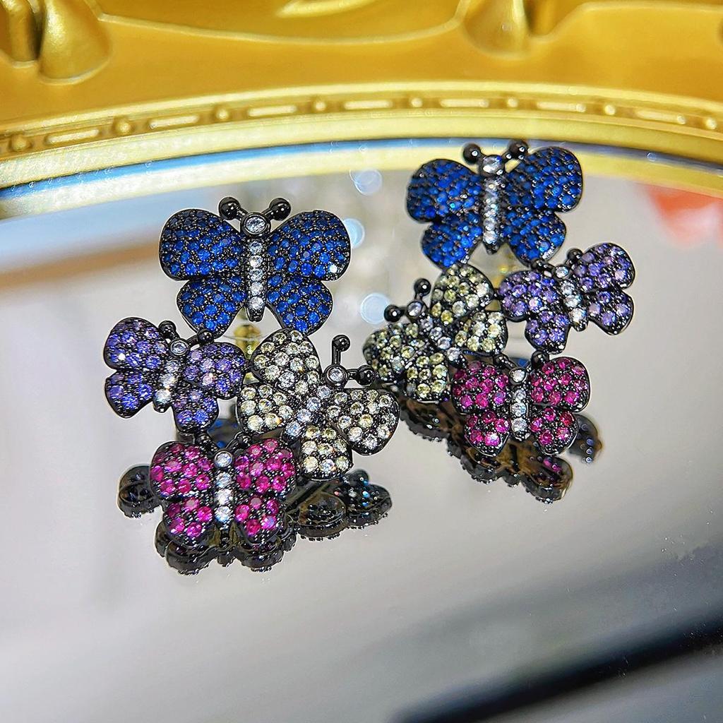 WWJ Creative Design Sense Flower Butterfly Retro Palace Style Micro-Inlaid Color Zircon Women's Party Drop Earrings
