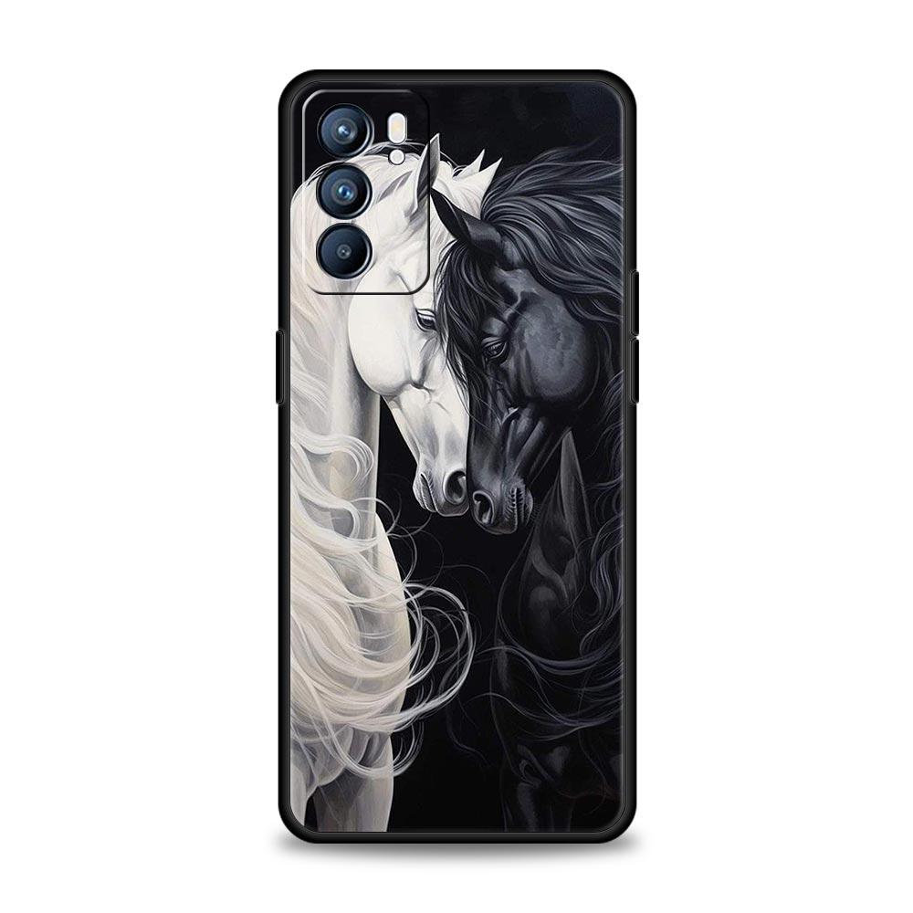Black White Horses Galloping Case For Oppo Reno13 Reno12 Reno11 F Reno10 Pro A54 5G Find X5 A53 A52 A9 A17 4G A79 A80 A98 Cover