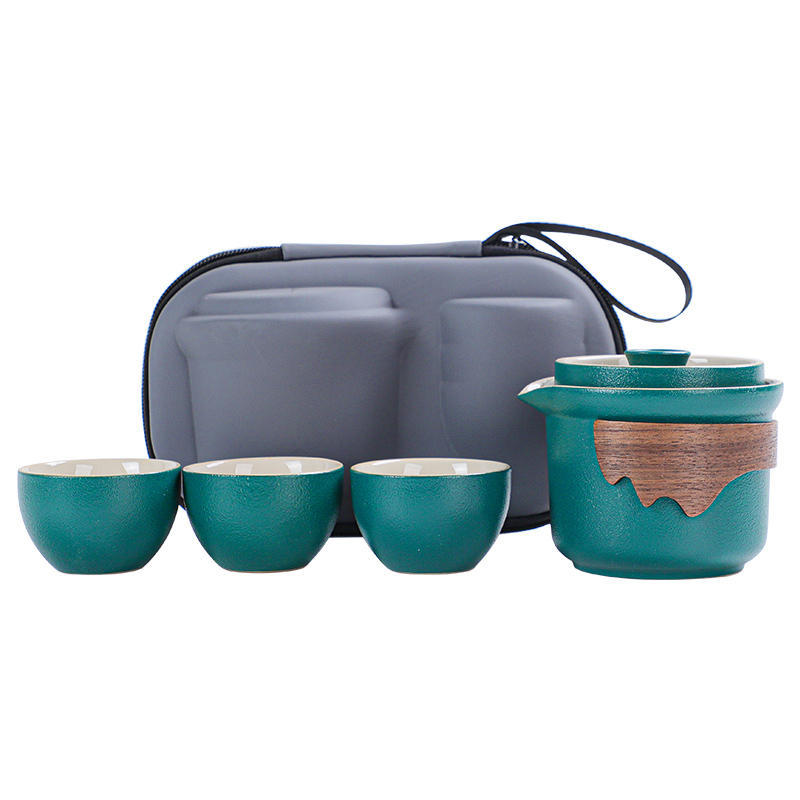 Travel tea set, portable small bag, black pottery, easy to carry outdoors, a pot of three cups of express cup