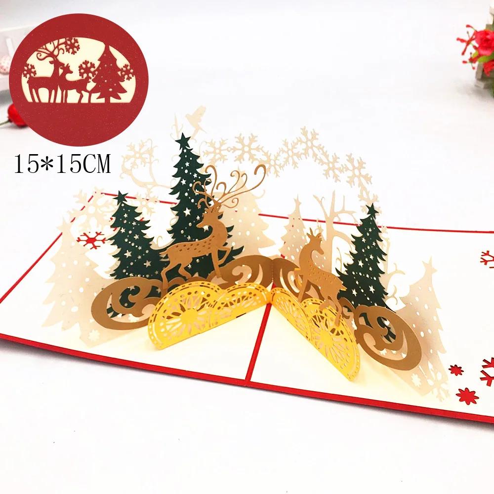 Merry Christmas Cards 3D Pop Up Christmas Tree Cards Christmas Decoration Winter Gift Laser Cut New Year Santa Greeting Cards