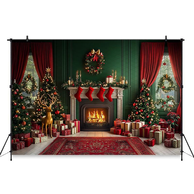 Mocsicka Christmas Photography Background Home Decoration Family Photo Backdrop Room Xmas Tree Fireplace Pattern Shooting Banner