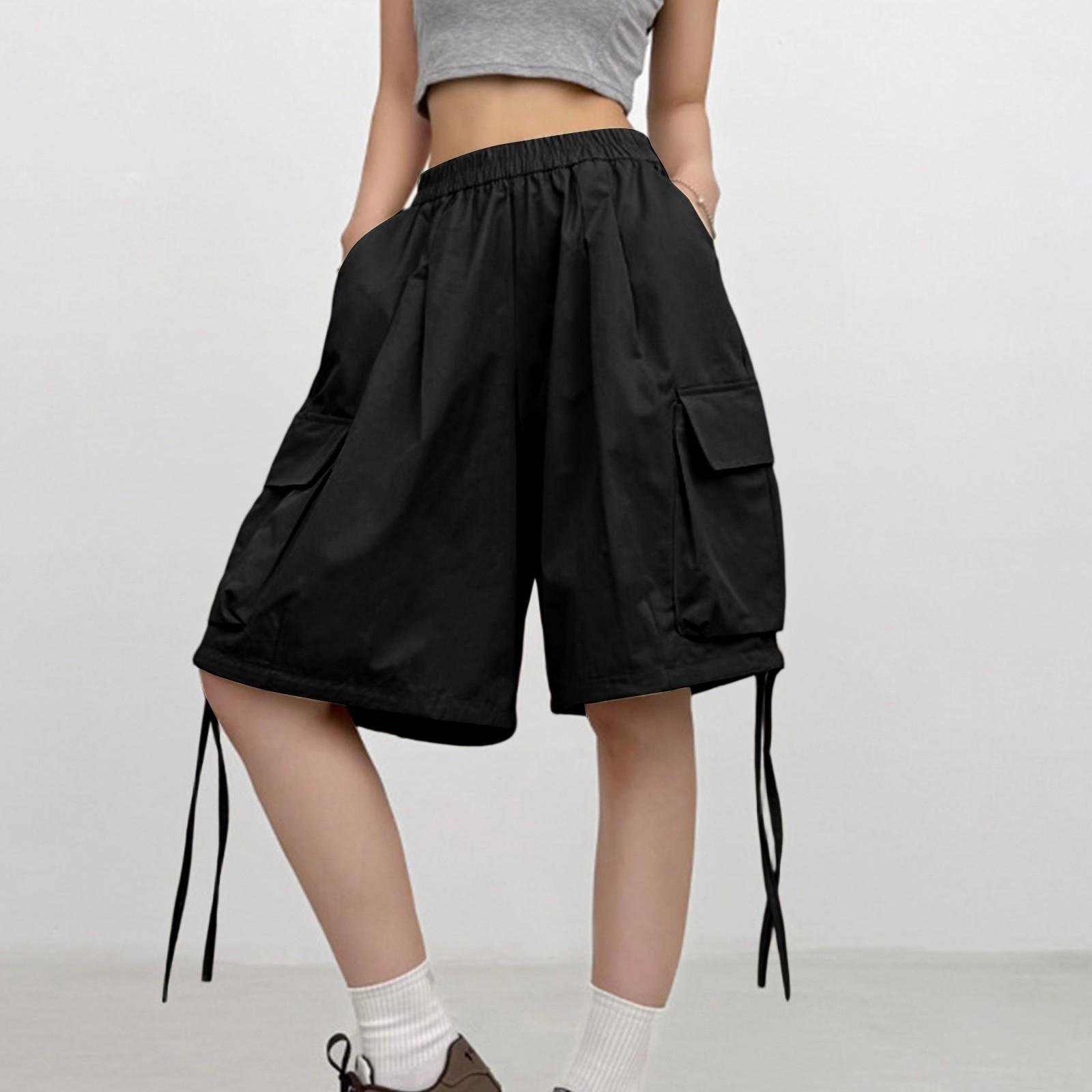 

Ladies Summer Casual Fashion Workwear Wide Leg Pants With Drawstring Pockets Solid Color Shorts L чорний