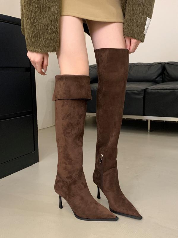 

Женские замшевые ботфорты на шпильке с острым носком 2024 Size 35