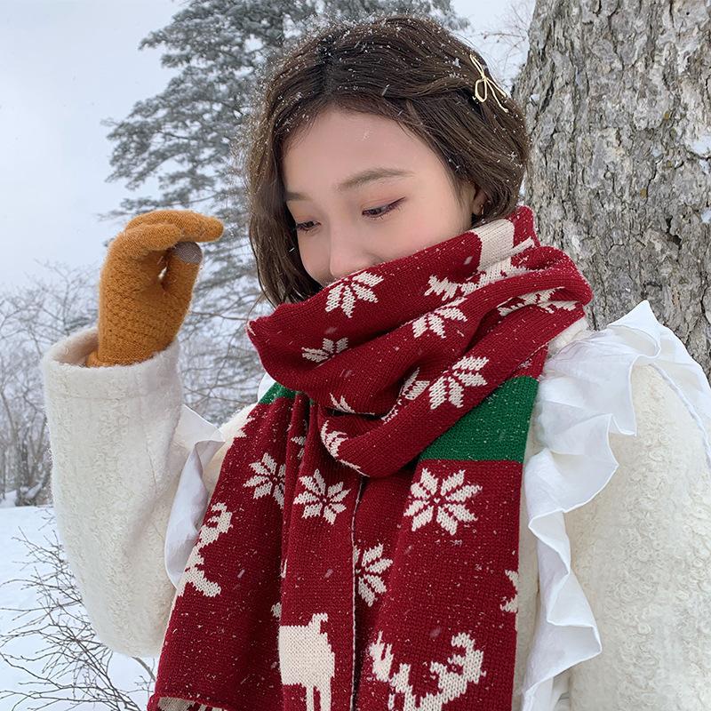 Red New Year's Scarf Women's Winter Christmas Knitted Wool Scarf Versatile Thickened To Keep Warm Student Tide