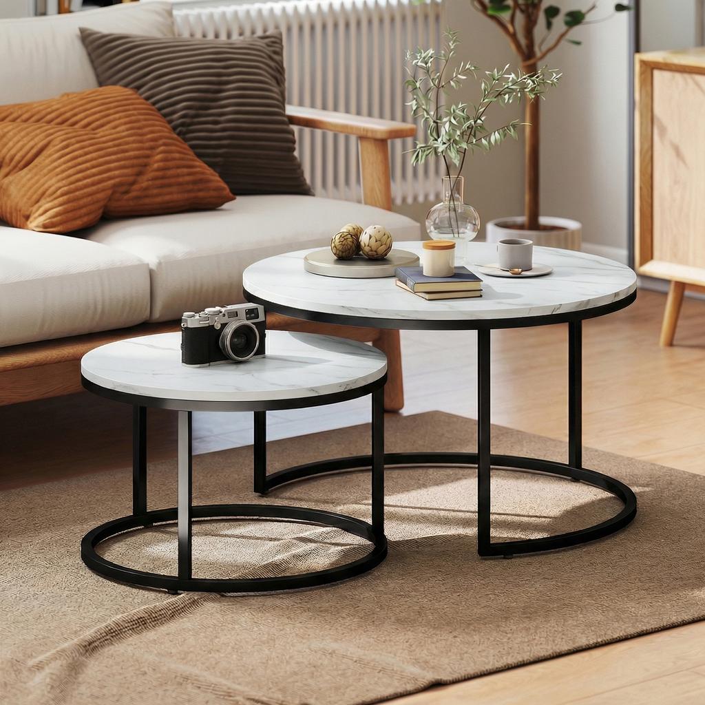 Set of Two Marble-Effect Stacking Tables - White