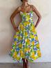 Fresh Lemon Print Suspender Skirt Retro Blue-green Embellishment, Waist-exposed Design Outlines Graceful Figure, Summer Eye-catching
