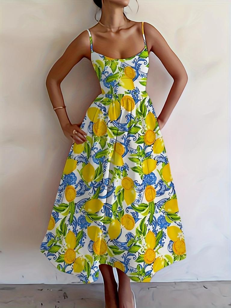 Fresh Lemon Print Suspender Skirt Retro Blue-green Embellishment, Waist-exposed Design Outlines Graceful Figure, Summer Eye-catching