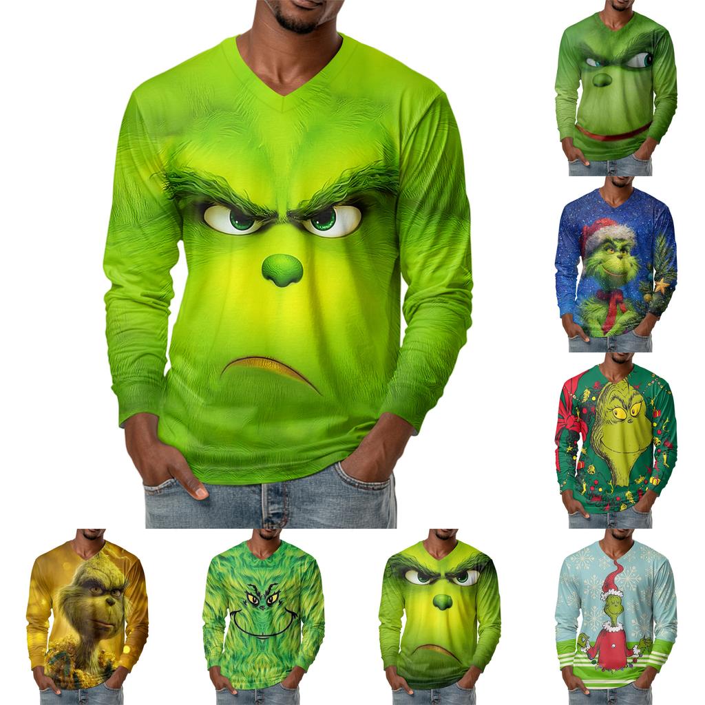 Men's Fashion Printed V-Neck Casual Long-Sleeved T-Shirt Bottoming Shirt Top