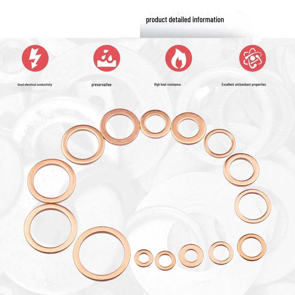 200-Piece Purple Copper Sealing Washers Set, M5-M14, High Temp & Pressure Resistant Flat Washers