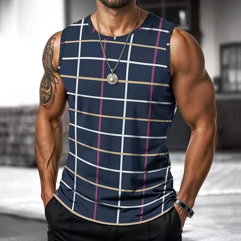 Canotta Uomo Retro Stampa 3D Quadri Righe Grafica Senza Maniche Girocollo Larga Streetwear Moda Estiva Canotte Casual
